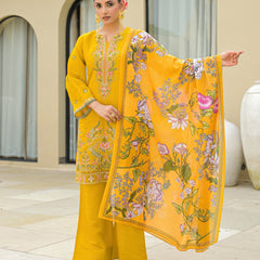 Yellow Embroidered Mal Chandri Suti Set with Cotton Printed Dupatta
