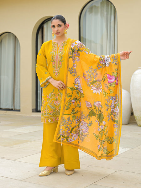 Yellow Embroidered Mal Chandri Suti Set with Cotton Printed Dupatta