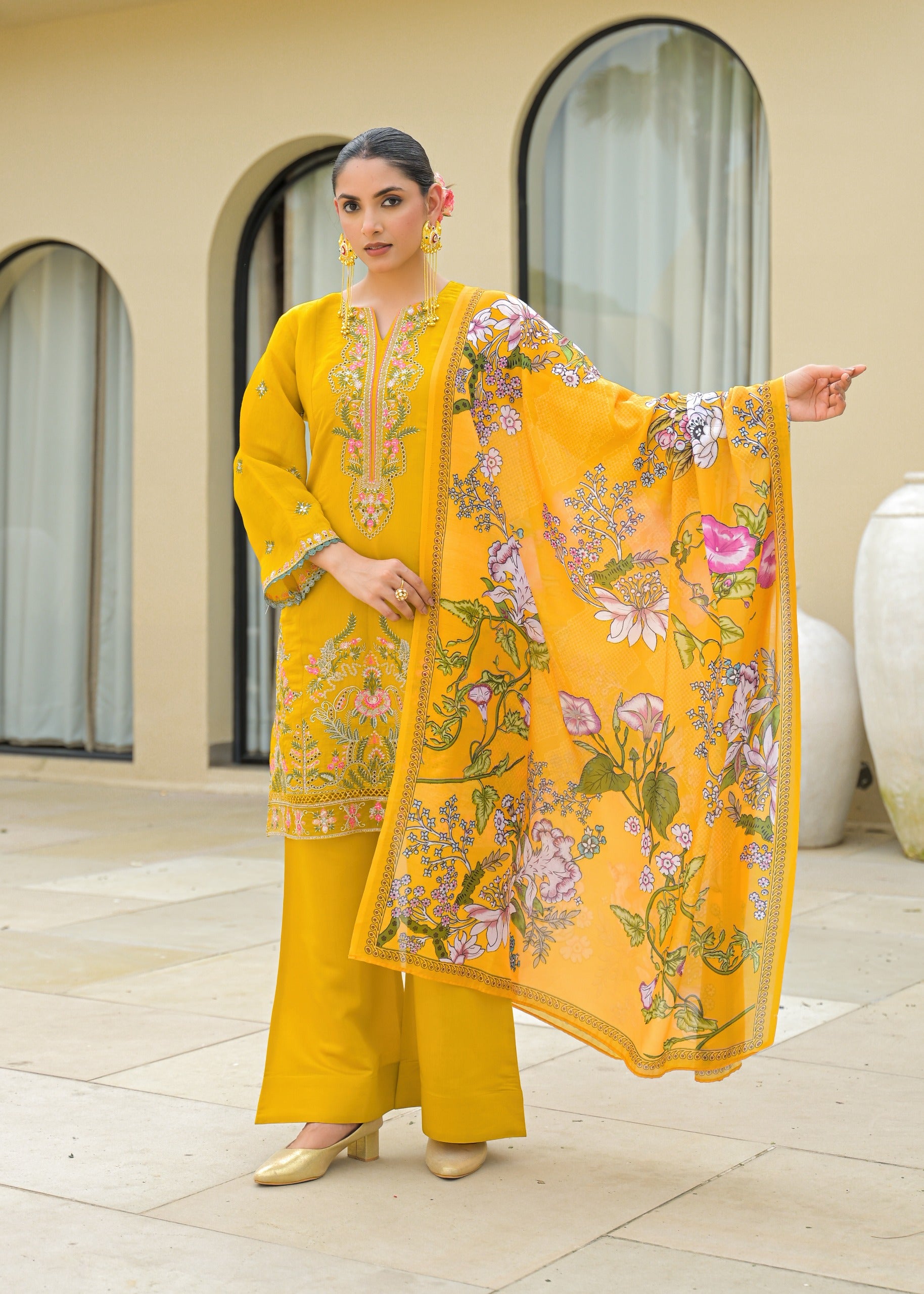 Yellow Embroidered Mal Chandri Suti Set with Cotton Printed Dupatta