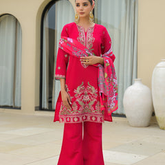 Pink Embroidered Mal Chandri Suti Set with Cotton Printed Dupatta