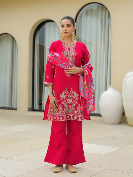 Pink Embroidered Mal Chandri Suti Set with Cotton Printed Dupatta