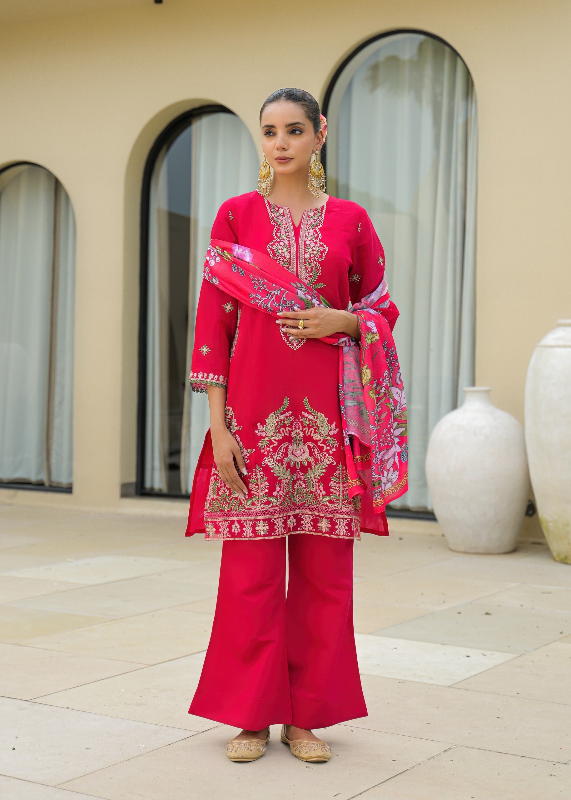 Pink Embroidered Mal Chandri Suti Set with Cotton Printed Dupatta