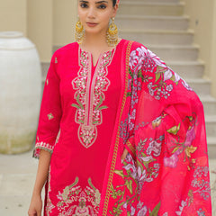 Pink Embroidered Mal Chandri Suti Set with Cotton Printed Dupatta