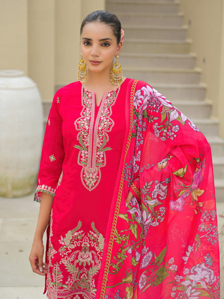 Pink Embroidered Mal Chandri Suti Set with Cotton Printed Dupatta