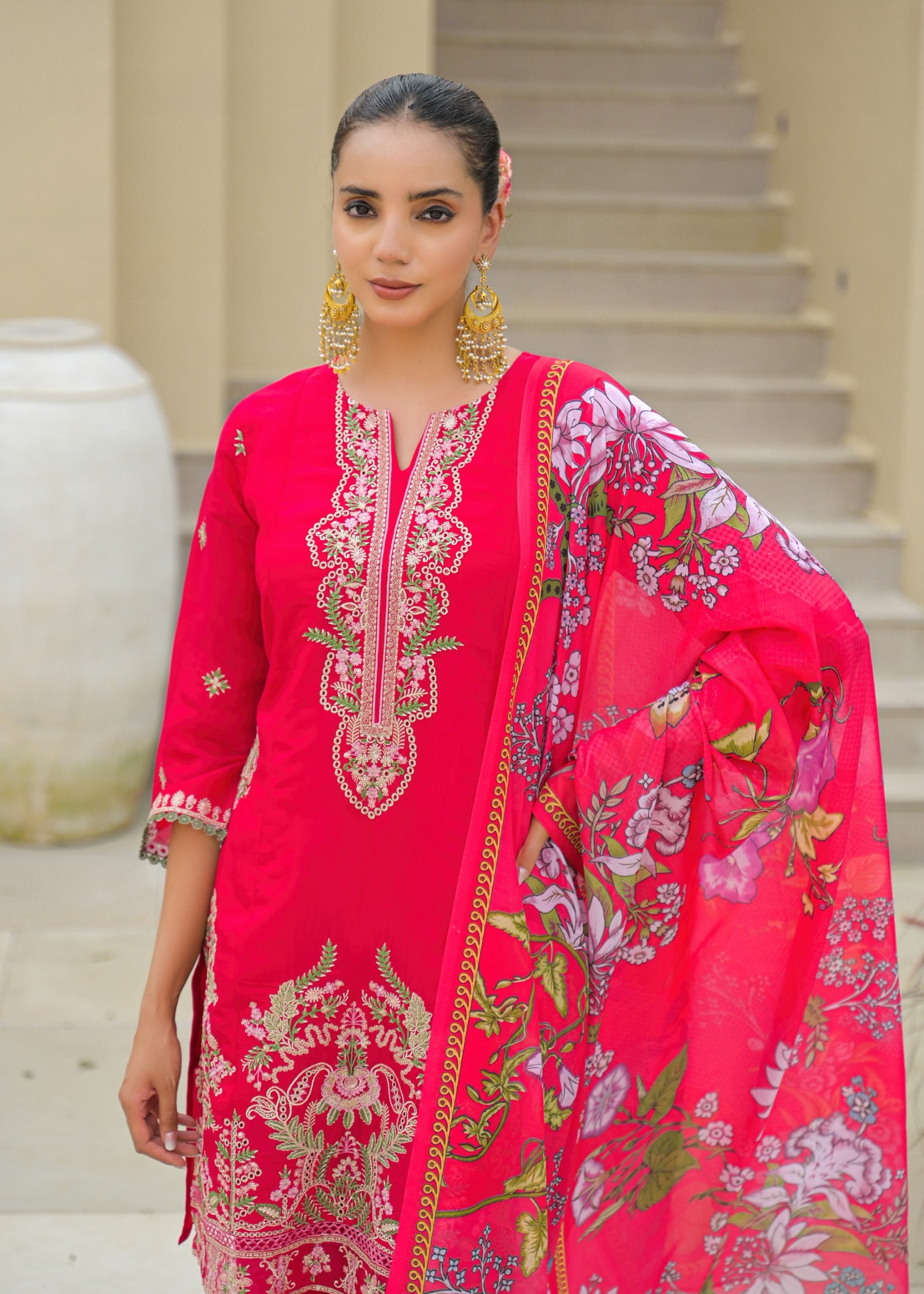 Pink Embroidered Mal Chandri Suti Set with Cotton Printed Dupatta