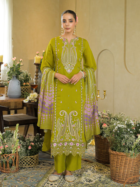 Pista Green Embroidered Mal Chandri Anarkali Suti Set with Cotton Printed Dupatta