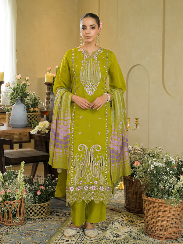 Pista Green Embroidered Mal Chandri Anarkali Suti Set with Cotton Printed Dupatta