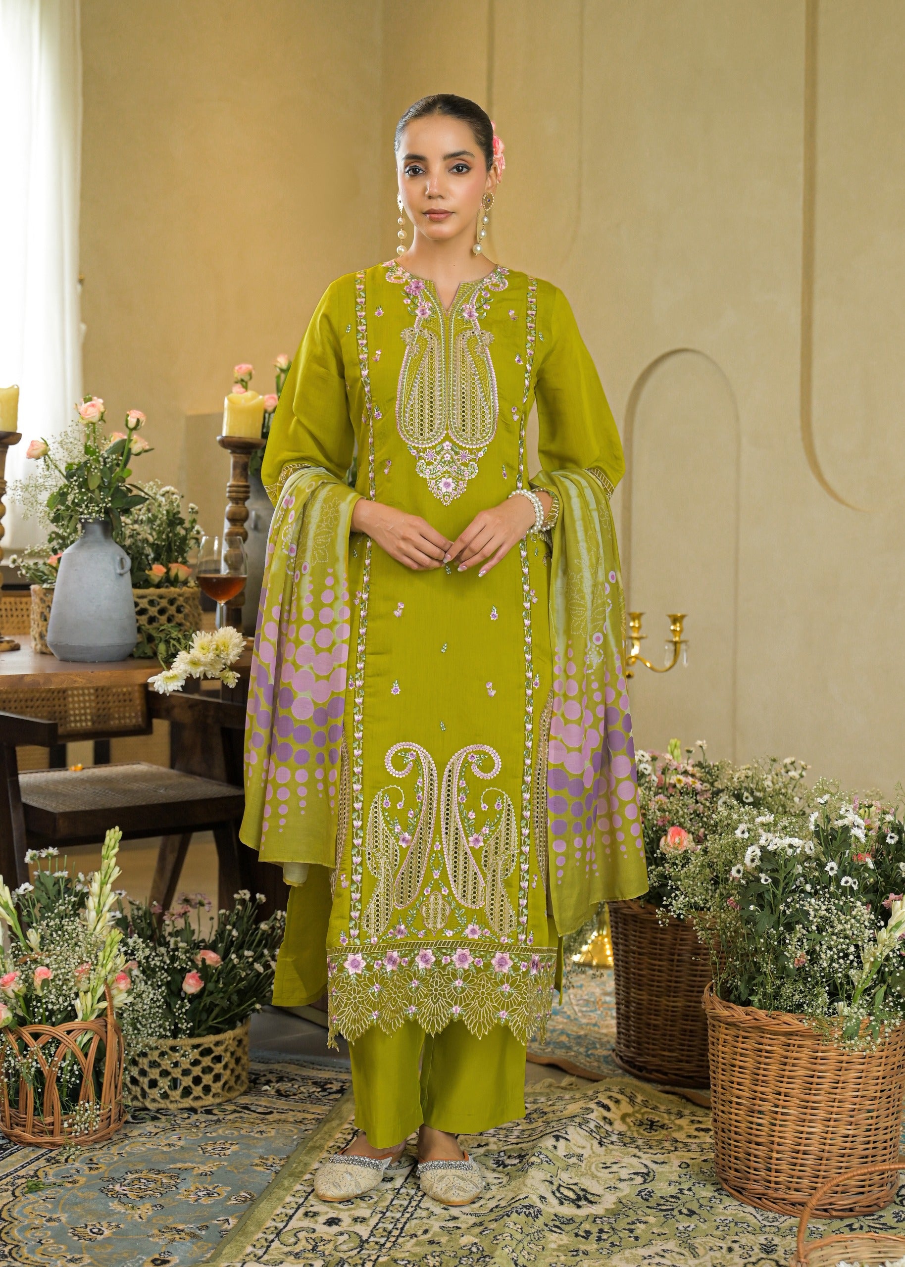 Pista Green Embroidered Mal Chandri Anarkali Suti Set with Cotton Printed Dupatta