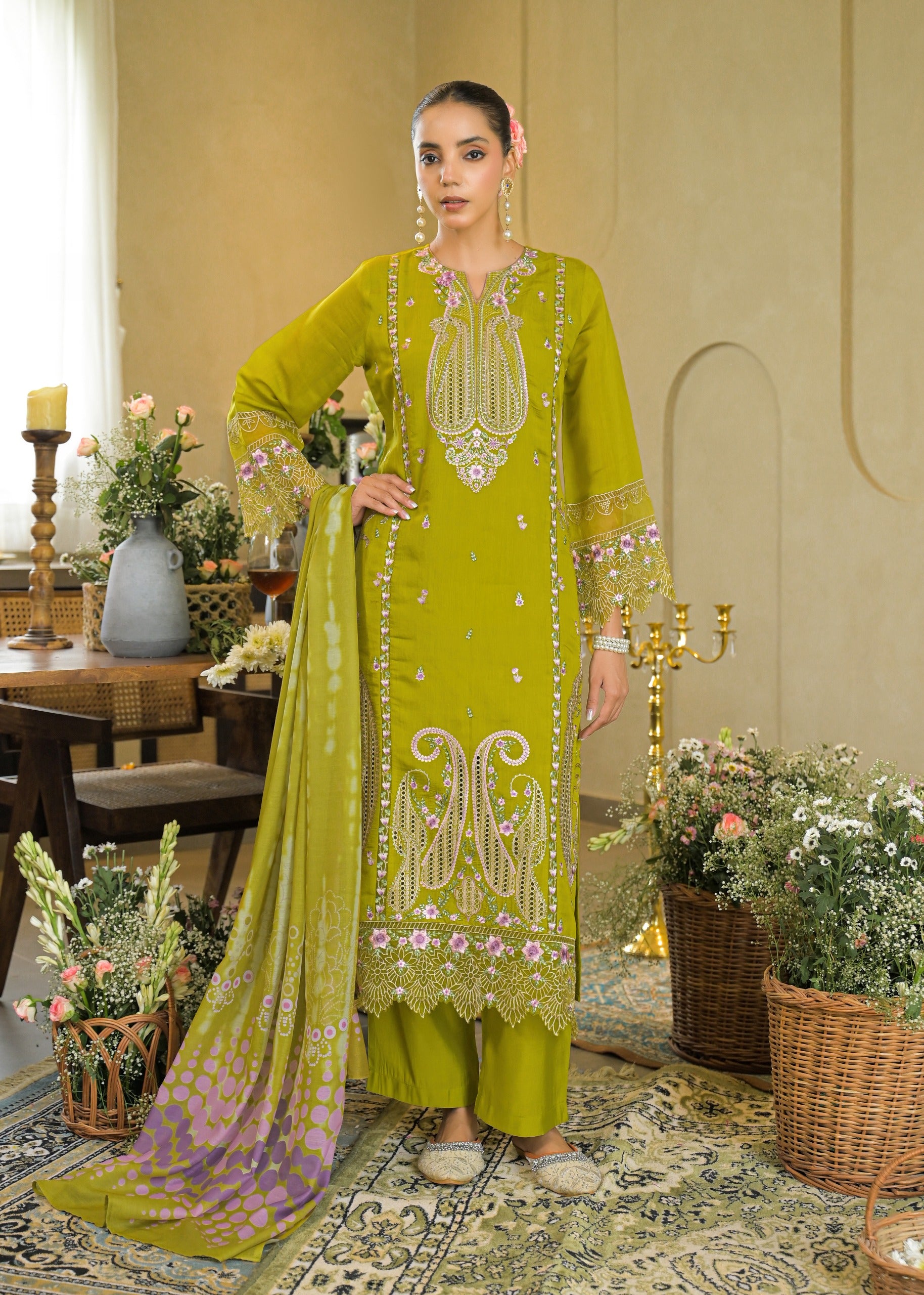 Pista Green Embroidered Mal Chandri Anarkali Suti Set with Cotton Printed Dupatta