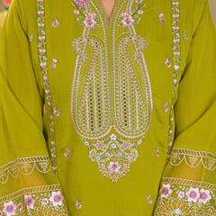 Pista Green Embroidered Mal Chandri Anarkali Suti Set with Cotton Printed Dupatta