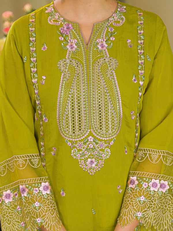Pista Green Embroidered Mal Chandri Anarkali Suti Set with Cotton Printed Dupatta