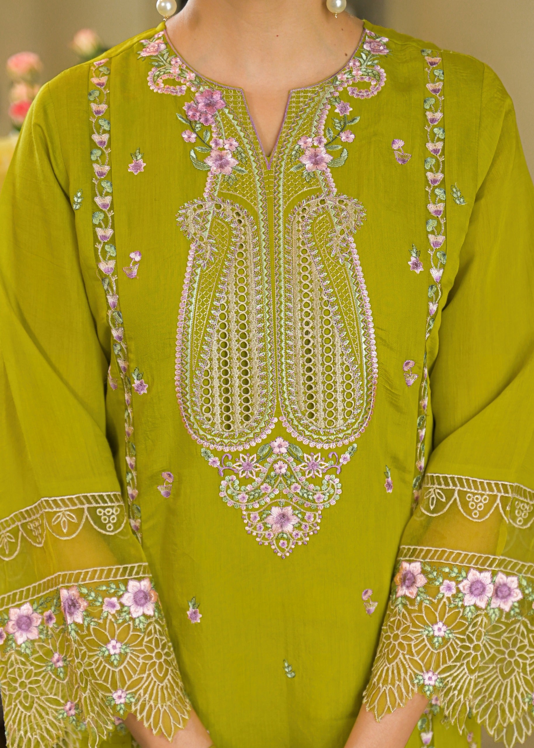 Pista Green Embroidered Mal Chandri Anarkali Suti Set with Cotton Printed Dupatta