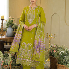 Pista Green Embroidered Mal Chandri Anarkali Suti Set with Cotton Printed Dupatta