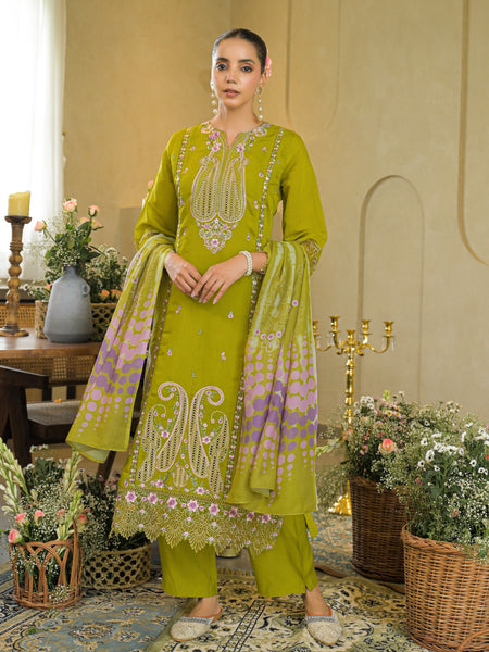 Pista Green Embroidered Mal Chandri Anarkali Suti Set with Cotton Printed Dupatta