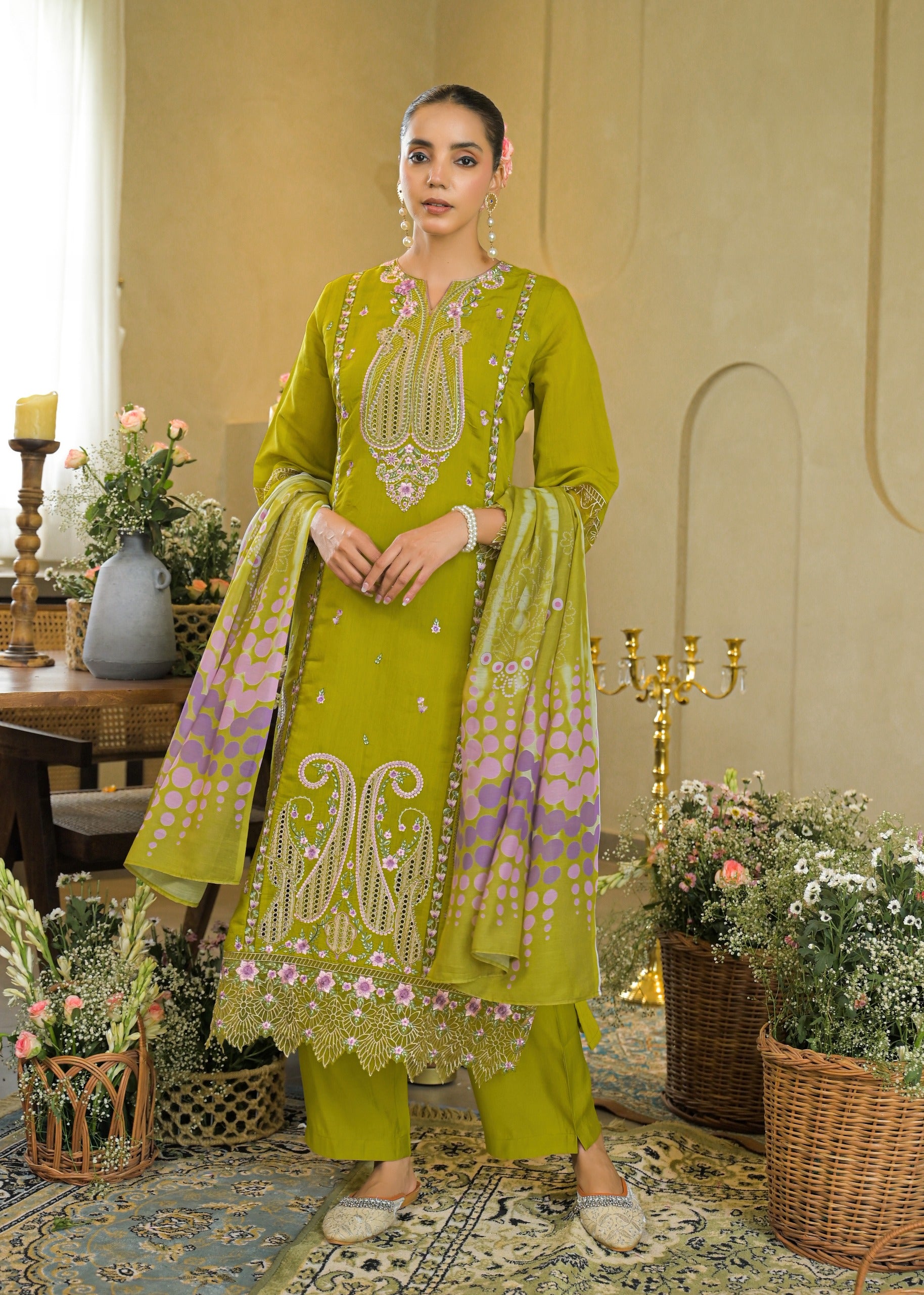 Pista Green Embroidered Mal Chandri Anarkali Suti Set with Cotton Printed Dupatta