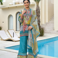Blue Mal Chandri Embroidered Anarkali Sharara Set with Printed Cotton Dupatta