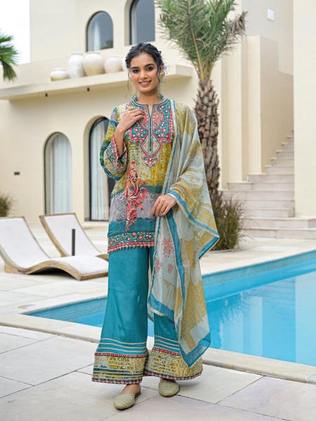 Blue Mal Chandri Embroidered Anarkali Sharara Set with Printed Cotton Dupatta