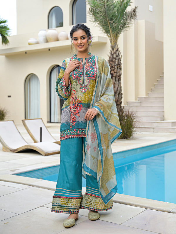 Blue Mal Chandri Embroidered Anarkali Sharara Set with Printed Cotton Dupatta
