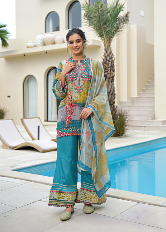 Blue Mal Chandri Embroidered Anarkali Sharara Set with Printed Cotton Dupatta