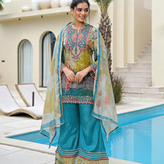 Blue Mal Chandri Embroidered Anarkali Sharara Set with Printed Cotton Dupatta