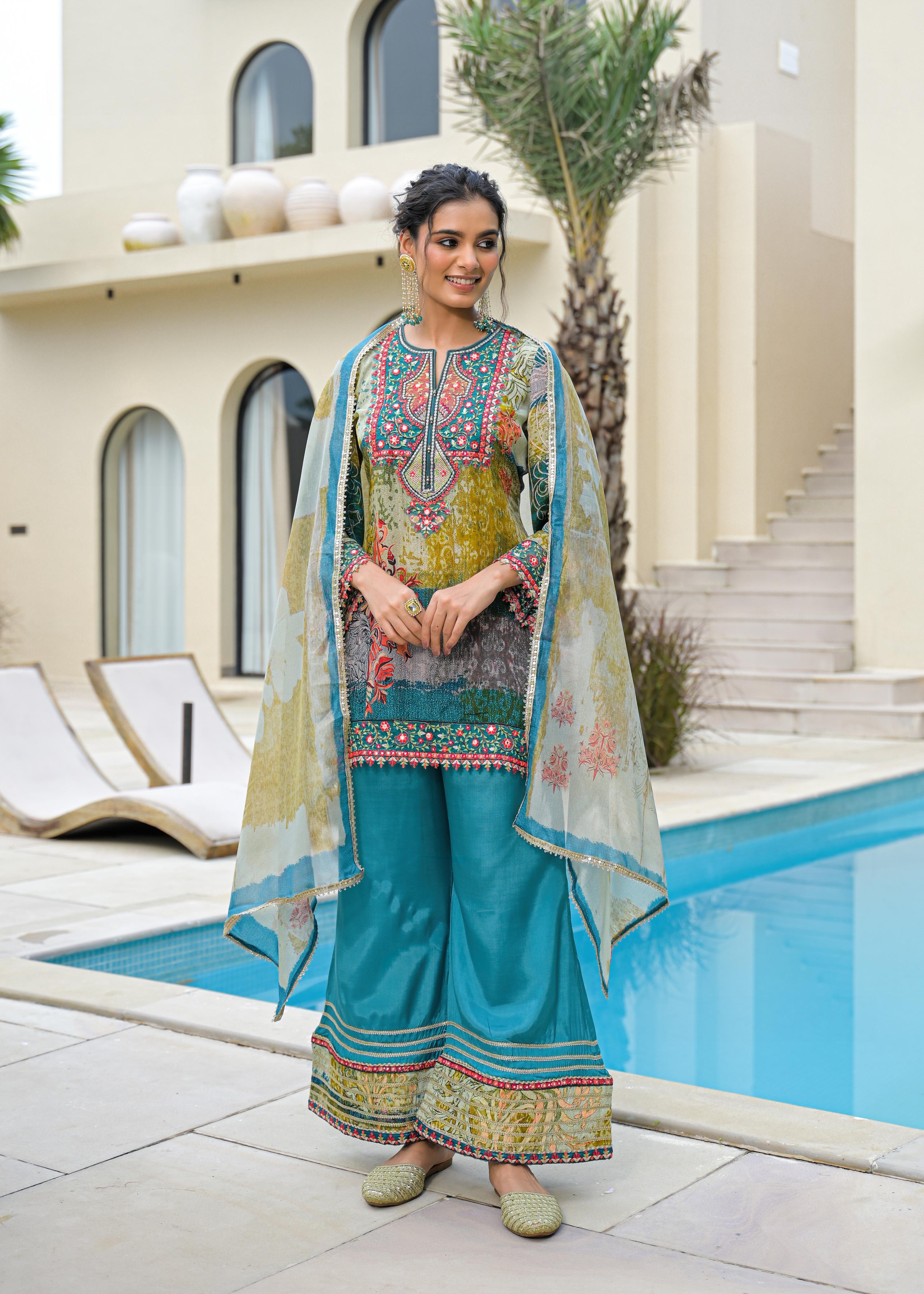 Blue Mal Chandri Embroidered Anarkali Sharara Set with Printed Cotton Dupatta