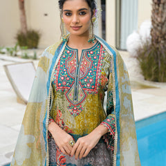 Blue Mal Chandri Embroidered Anarkali Sharara Set with Printed Cotton Dupatta