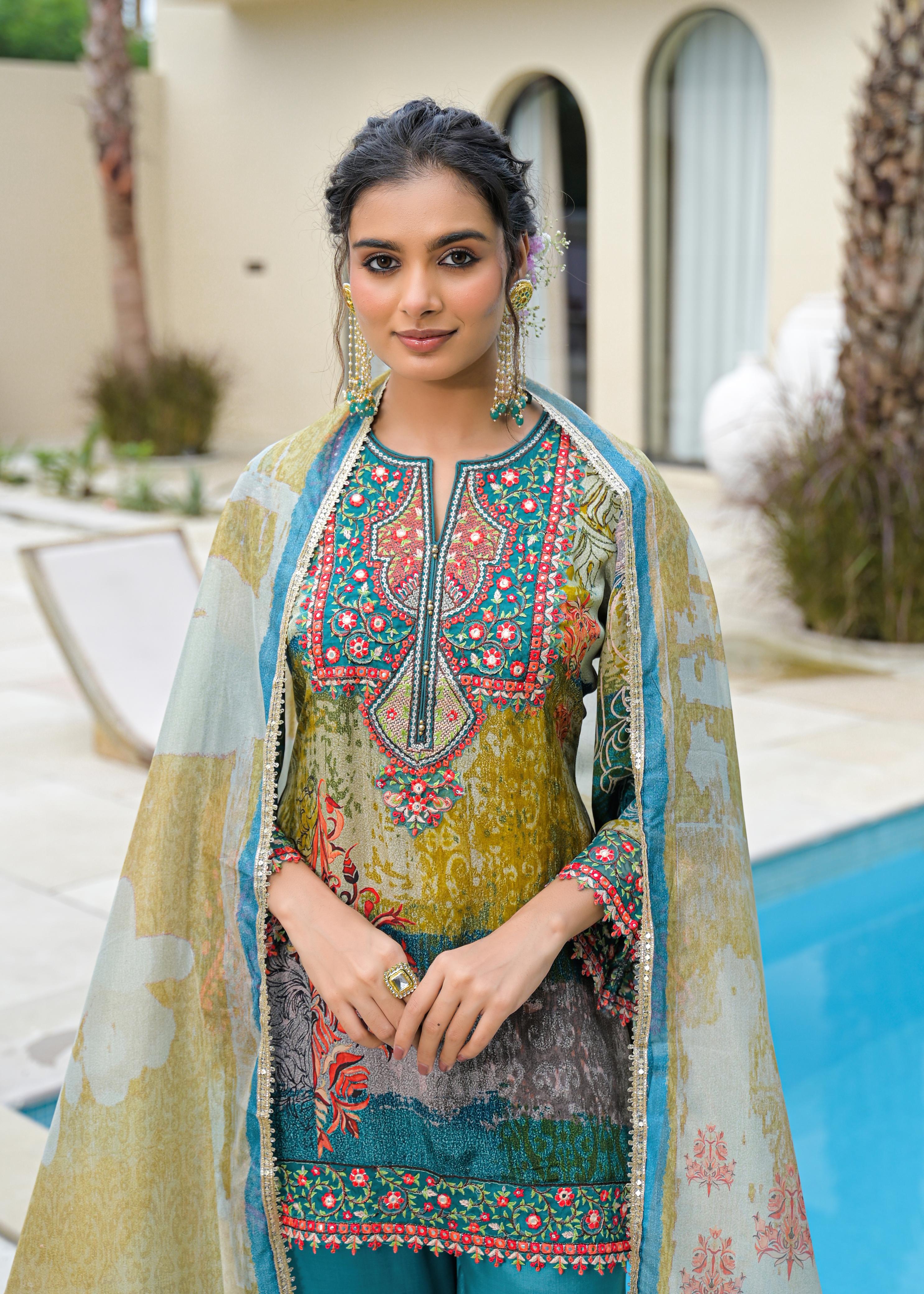 Blue Mal Chandri Embroidered Anarkali Sharara Set with Printed Cotton Dupatta