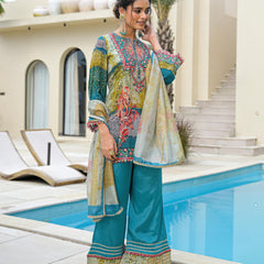 Blue Mal Chandri Embroidered Anarkali Sharara Set with Printed Cotton Dupatta