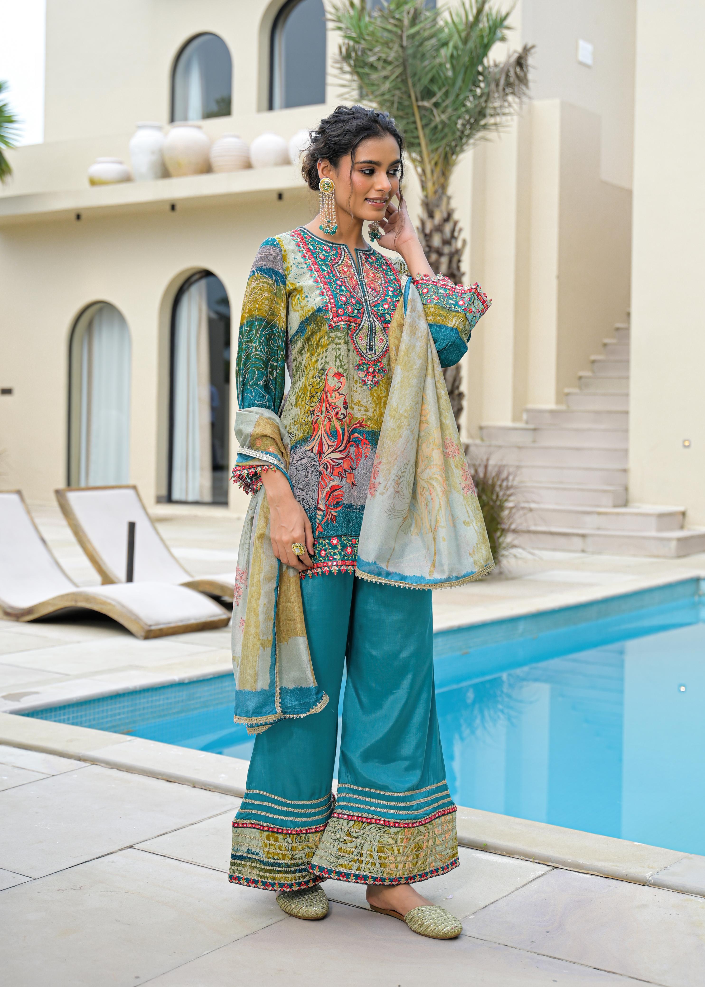 Blue Mal Chandri Embroidered Anarkali Sharara Set with Printed Cotton Dupatta