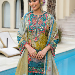 Blue Mal Chandri Embroidered Anarkali Sharara Set with Printed Cotton Dupatta