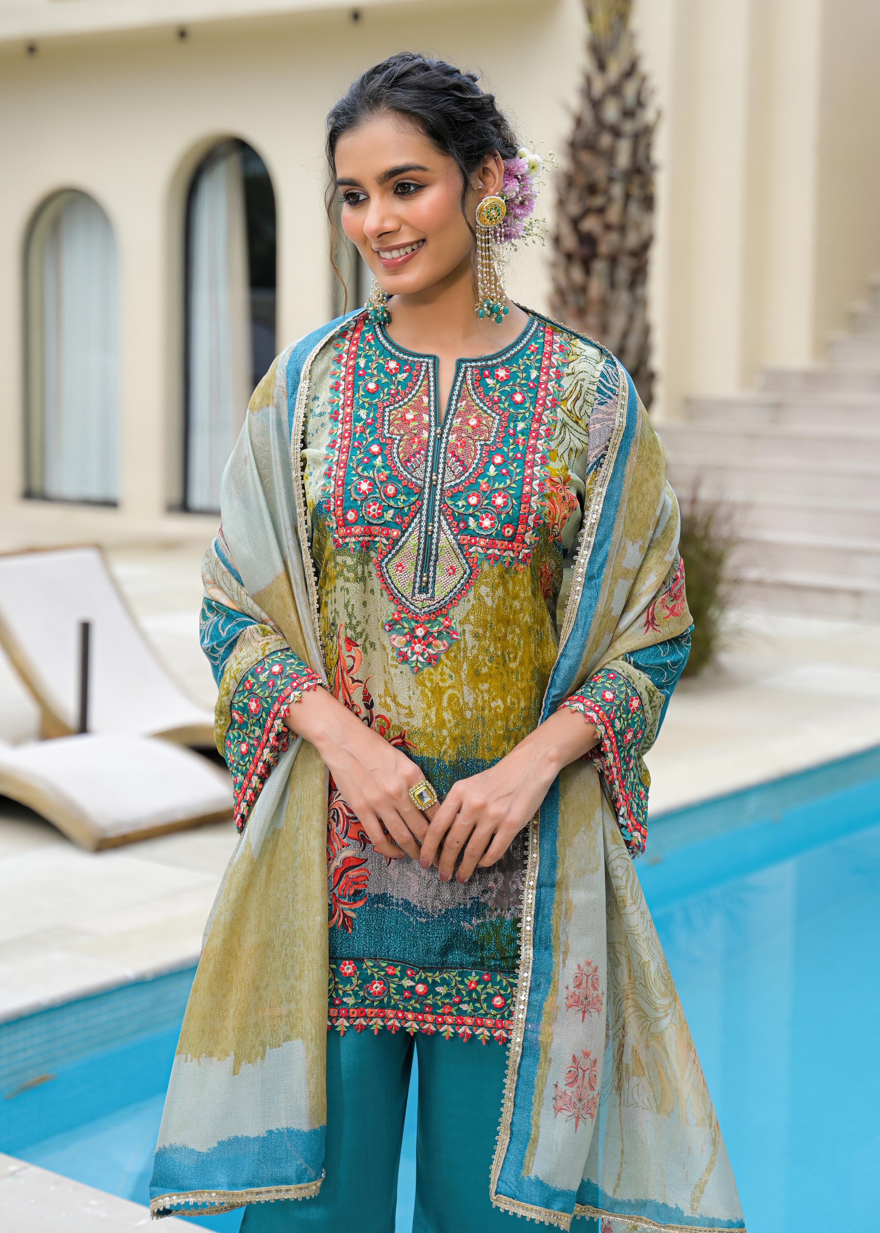 Blue Mal Chandri Embroidered Anarkali Sharara Set with Printed Cotton Dupatta