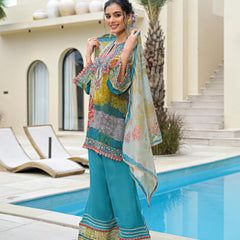 Blue Mal Chandri Embroidered Anarkali Sharara Set with Printed Cotton Dupatta