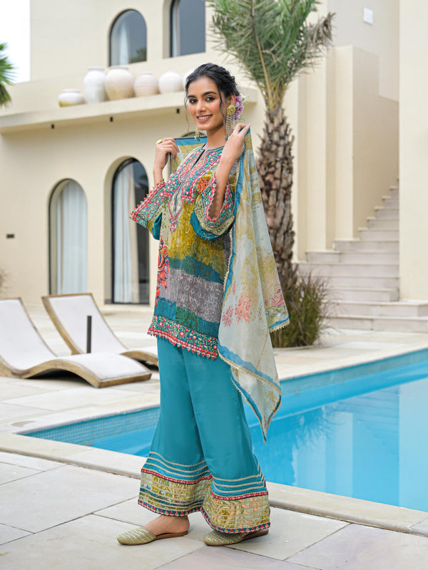 Blue Mal Chandri Embroidered Anarkali Sharara Set with Printed Cotton Dupatta