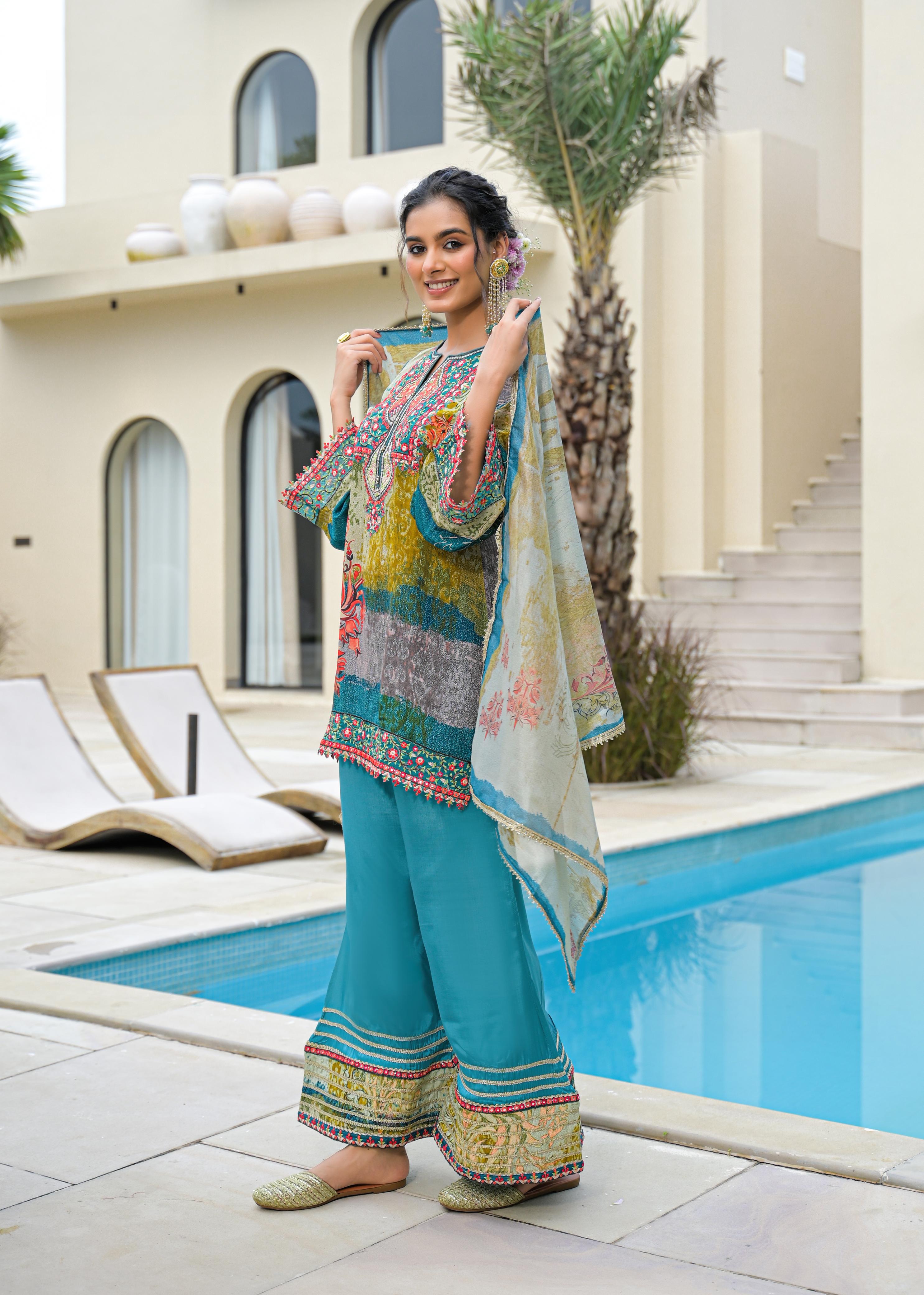 Blue Mal Chandri Embroidered Anarkali Sharara Set with Printed Cotton Dupatta