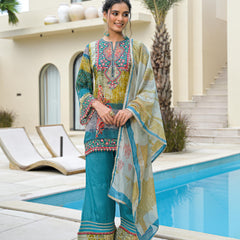 Blue Mal Chandri Embroidered Anarkali Sharara Set with Printed Cotton Dupatta