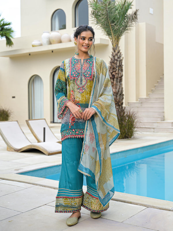 Blue Mal Chandri Embroidered Anarkali Sharara Set with Printed Cotton Dupatta