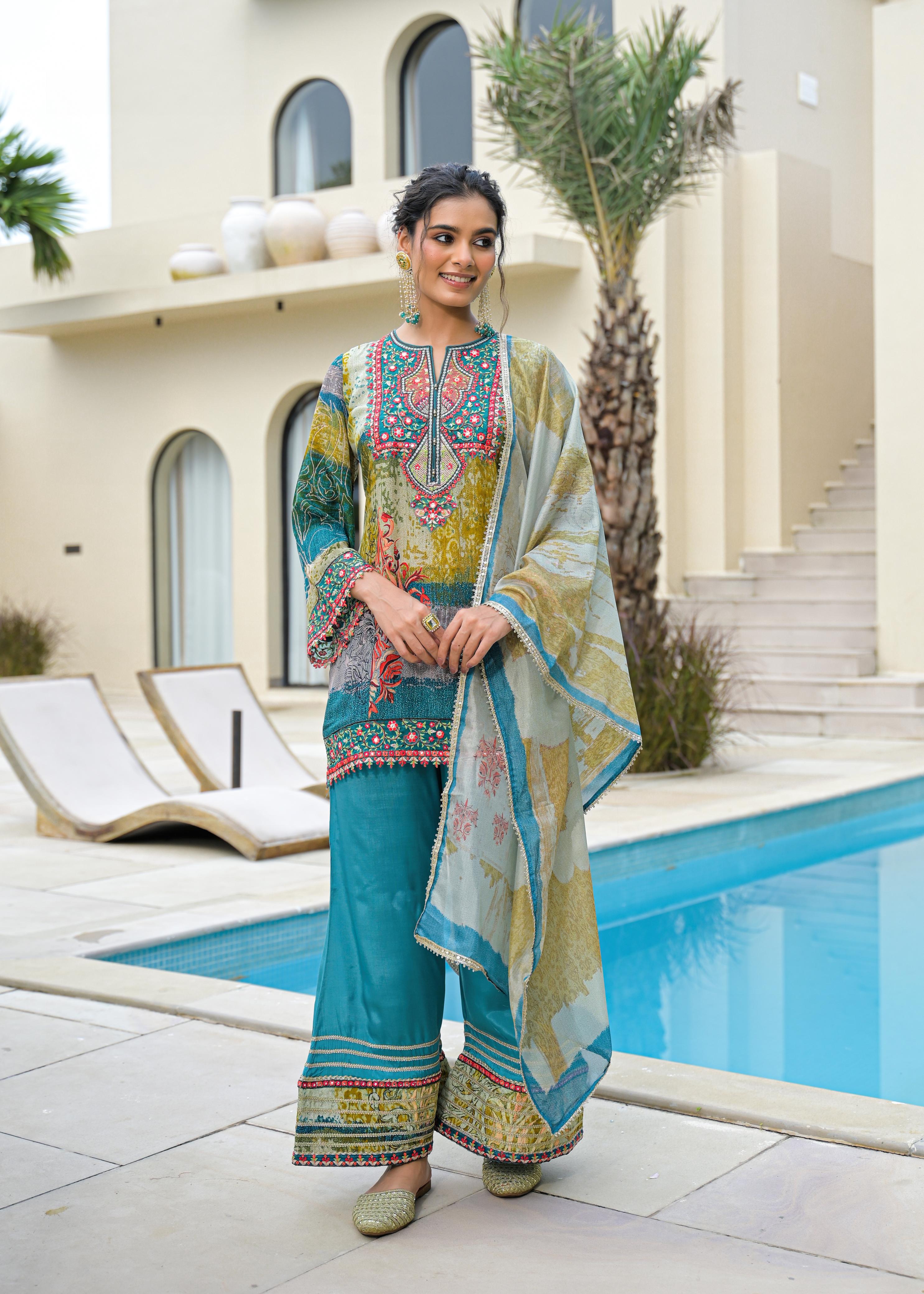 Blue Mal Chandri Embroidered Anarkali Sharara Set with Printed Cotton Dupatta