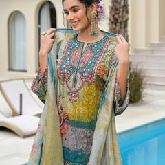 Blue Mal Chandri Embroidered Anarkali Sharara Set with Printed Cotton Dupatta