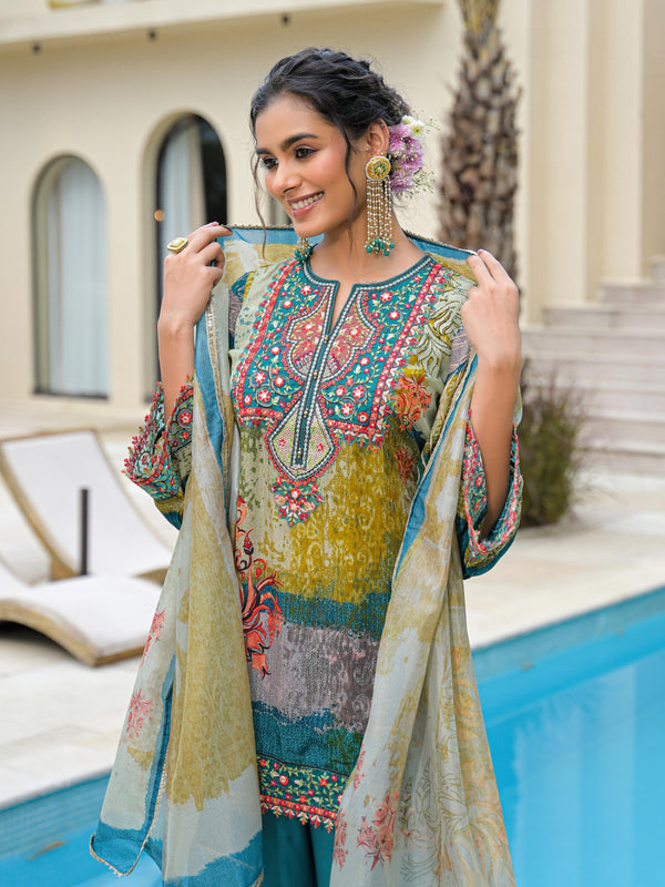 Blue Mal Chandri Embroidered Anarkali Sharara Set with Printed Cotton Dupatta