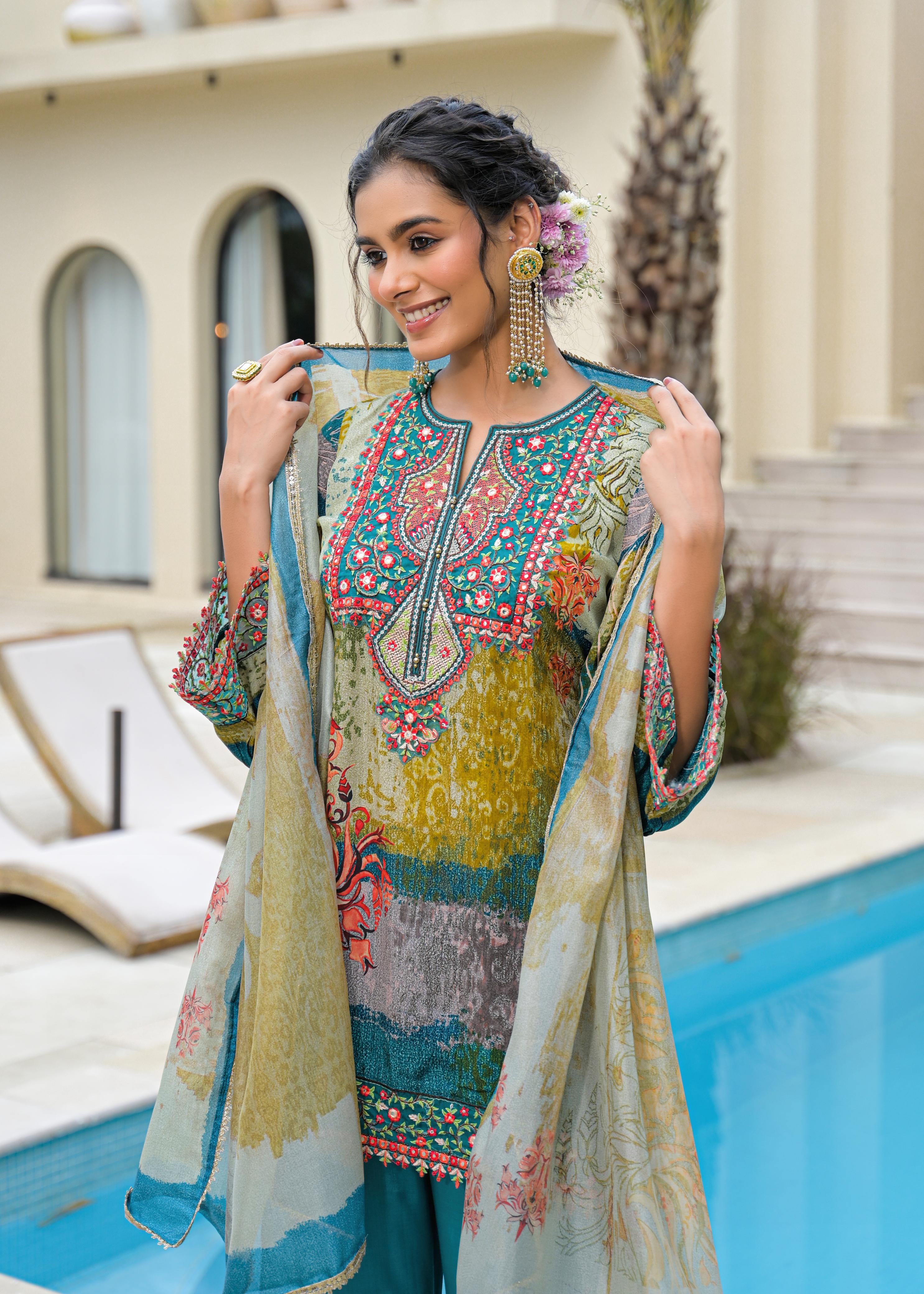 Blue Mal Chandri Embroidered Anarkali Sharara Set with Printed Cotton Dupatta