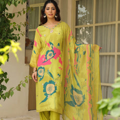 Pista Green Floral Printed Crape Suti Set with Dupatta