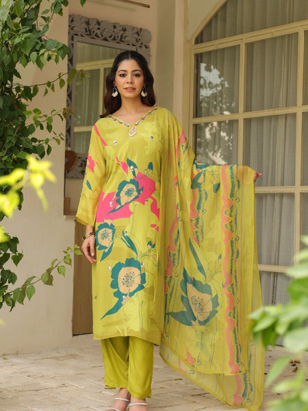 Pista Green Floral Printed Crape Suti Set with Dupatta