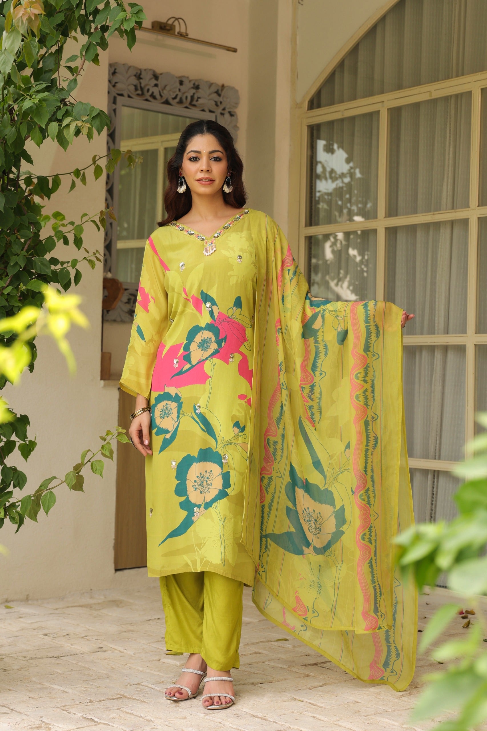 Pista Green Floral Printed Crape Suti Set with Dupatta