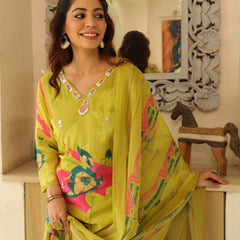 Pista Green Floral Printed Crape Suti Set with Dupatta