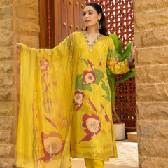 Yellow Floral Printed Crape Suti Set with Dupatta