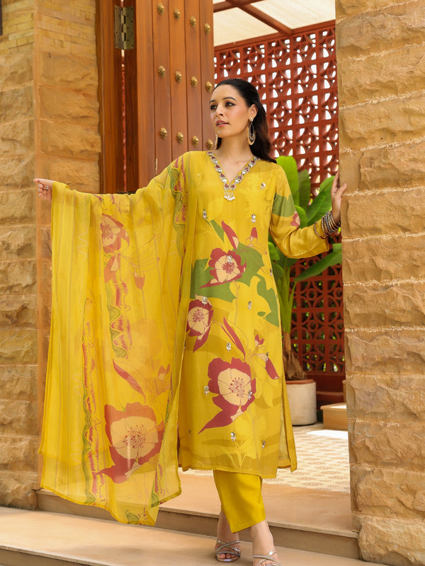 Yellow Floral Printed Crape Suti Set with Dupatta