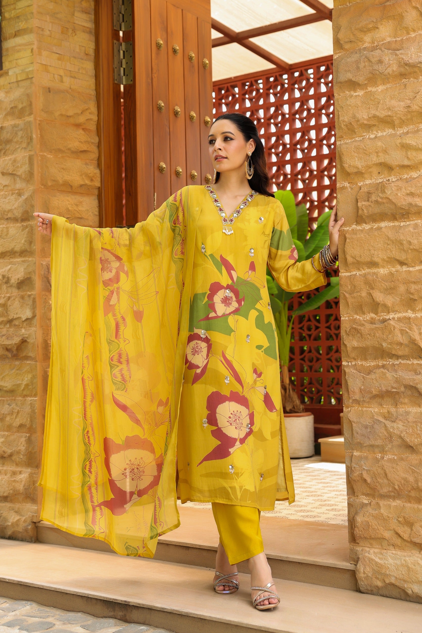 Yellow Floral Printed Crape Suti Set with Dupatta