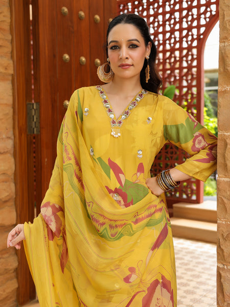 Yellow Floral Printed Crape Suti Set with Dupatta