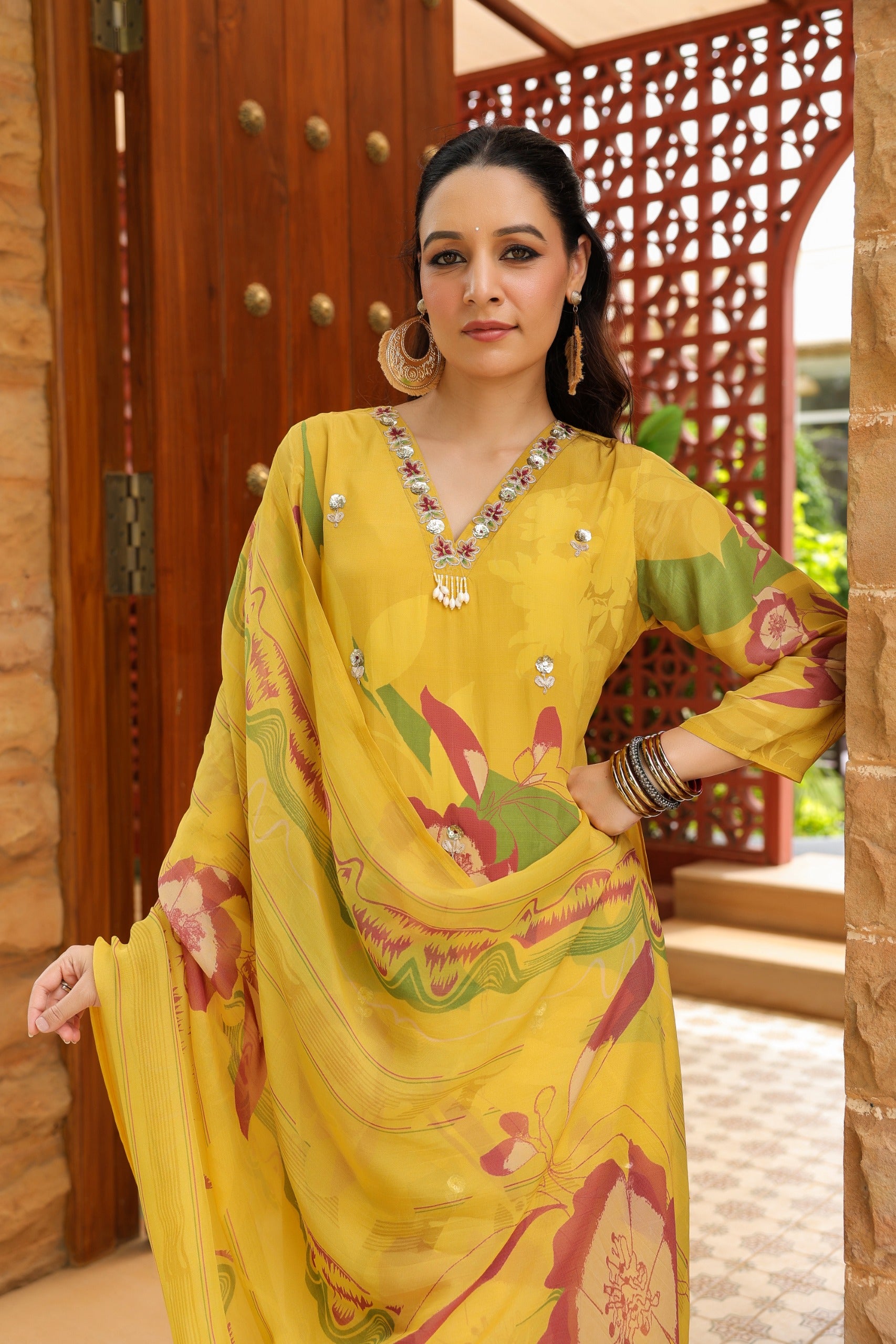 Yellow Floral Printed Crape Suti Set with Dupatta