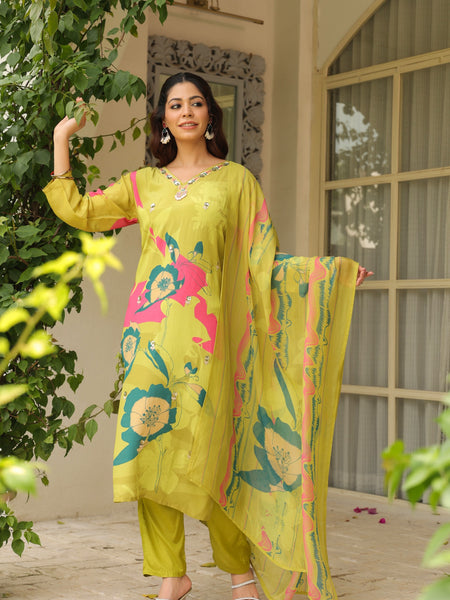 Pista Green Floral Printed Crape Suti Set with Dupatta